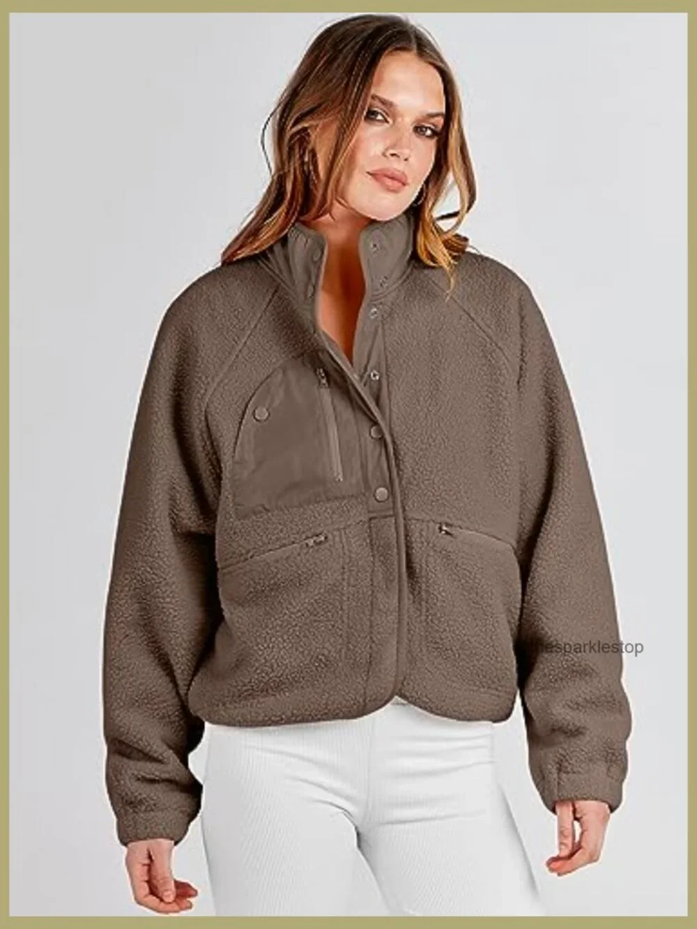Fuzzy Fleece Cropped Sherpa Jacket with Pockets - Picture 3 of 7